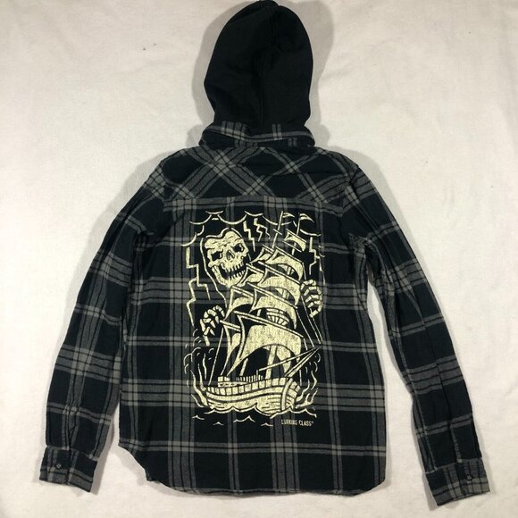 Lurking Class Top Womens Medium Flannel Button Front Shirt Hood Graphic Skull - Picture 1 of 16